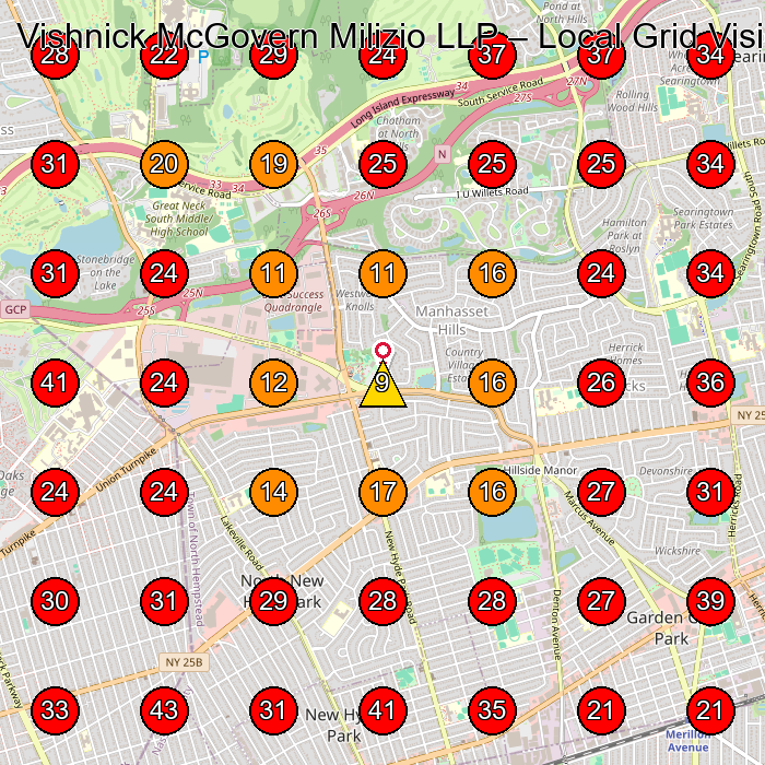 Vishnick McGovern Milizio LLP GeoGrid visibility map for Law Firm in Queens Village